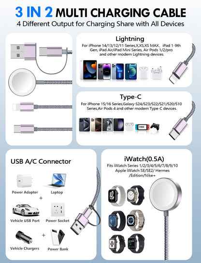 Travel Essentials for Apple Watch Charger,3-in-2 Multi Charging Cable