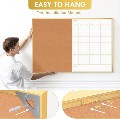 ARCOBIS Dry Erase Calendar with Cork Board for Wall, 24"x 18" Magnetic Calendar Whiteboard with Black Frame, Monthly Combination Board for School, Home, Office