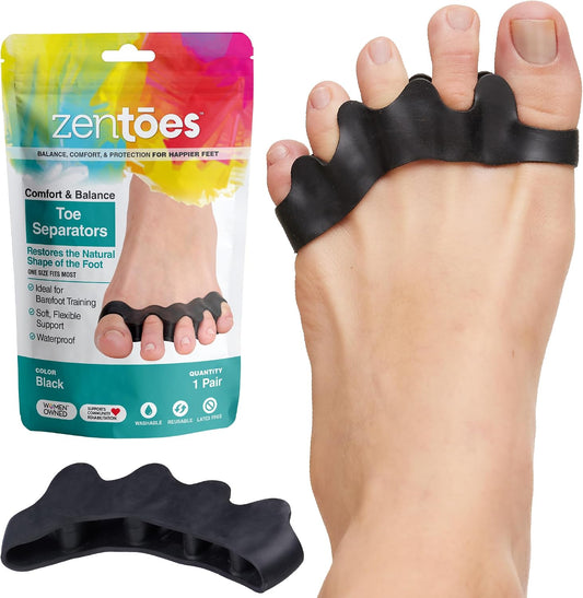 ZenToes Silicone Toe Spacers and Separators for Correct Toe Alignment, Bunion Relief, Hammertoe Straightener, Gel Orthopedic Corrector – 1 Pair (Black)