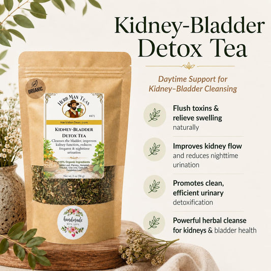 KIDNEY-BLADDER DETOX TEA to reduce swelling & nighttime urination - formulated by master herbalist Khabir - 100% Organic, Non-GMO, No Additives Organic: Nettle Leaf, Horsetail, Tribulus, Uva Ursi, Dandelion Leaf, Juniper Berry, Corn Silk