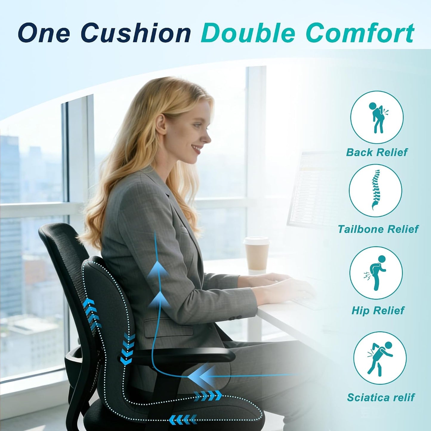 Seat Cushion for Office Chair and Car, Lumbar Support Pillow for Office Chair, Memory Foam Ergonomic Seat Cushion for Long Sitting, Back & Tailbone Pain, Sciatica - Dark Gray & Light Gray