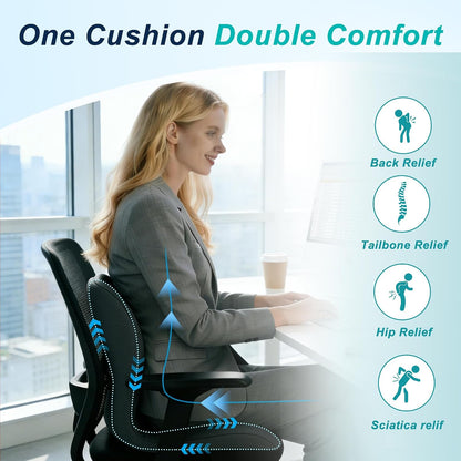 Seat Cushion for Office Chair and Car, Lumbar Support Pillow for Office Chair, Memory Foam Ergonomic Seat Cushion for Long Sitting, Back & Tailbone Pain, Sciatica - Dark Gray & Light Gray