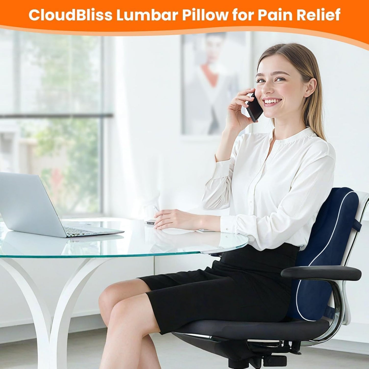 CloudBliss Ergonomic Lumbar Support Pillow – Memory Foam for Lower Back Pain Relief, Adjustable Straps & Mesh Cover for Office, Gaming, Car Seat & Home Essentials (Black)