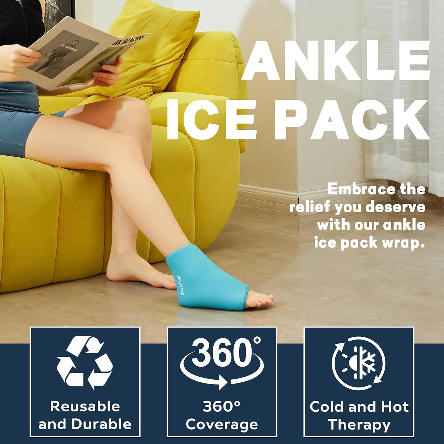 BILITOK Reusable Foot Ankle Ice Pack Wrap for Injuries, Cold Compression Therapy for Achilles Tendonitis, Plantar Fasciitis, Swelling, Sprained, Pain Relief (Black)