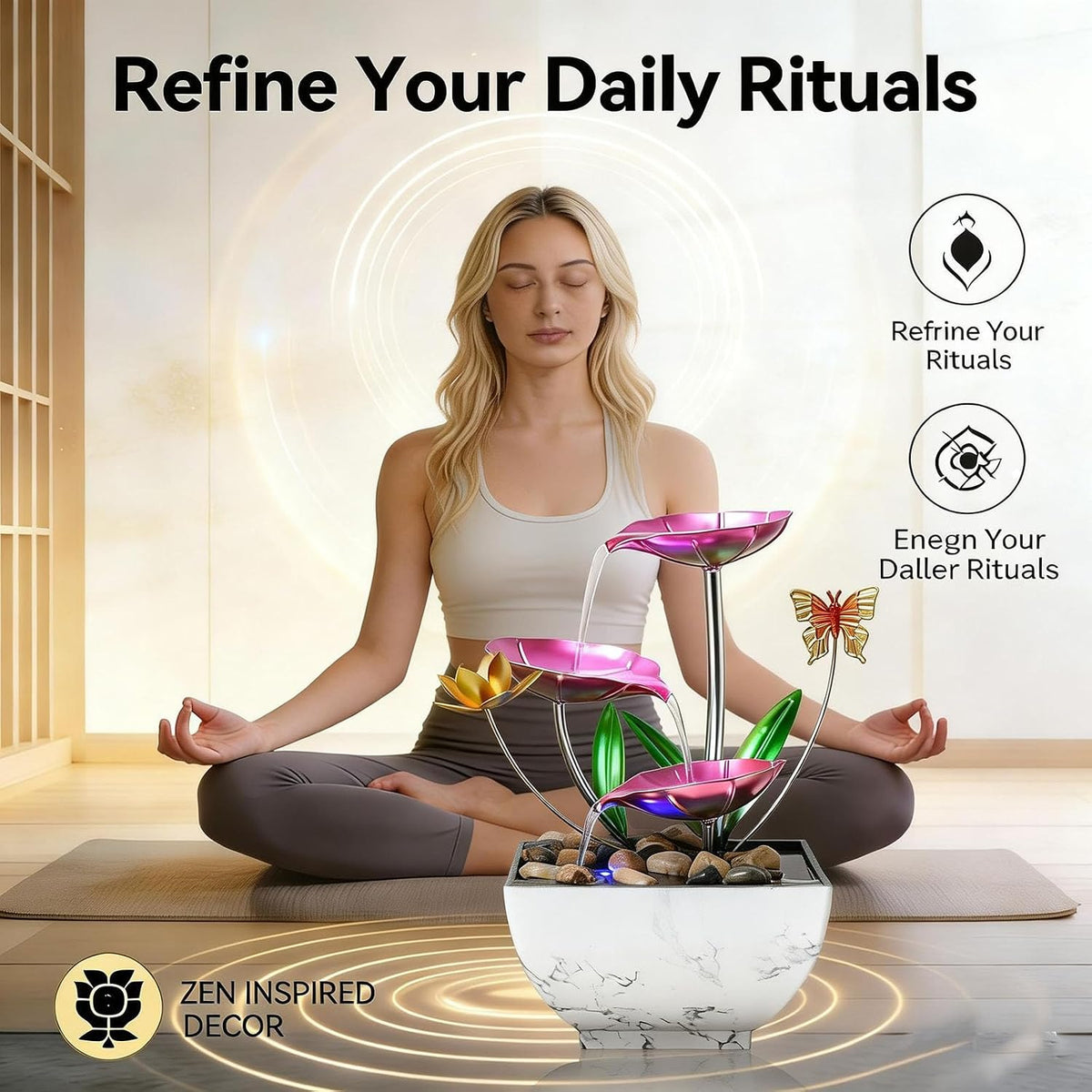 11‘’ H Pink Tabletop Water Fountain, Zen Desktop Waterfall, Indoor Lotus Desktop Decorative Fountain, Home Bathroom Bedroom Decor.