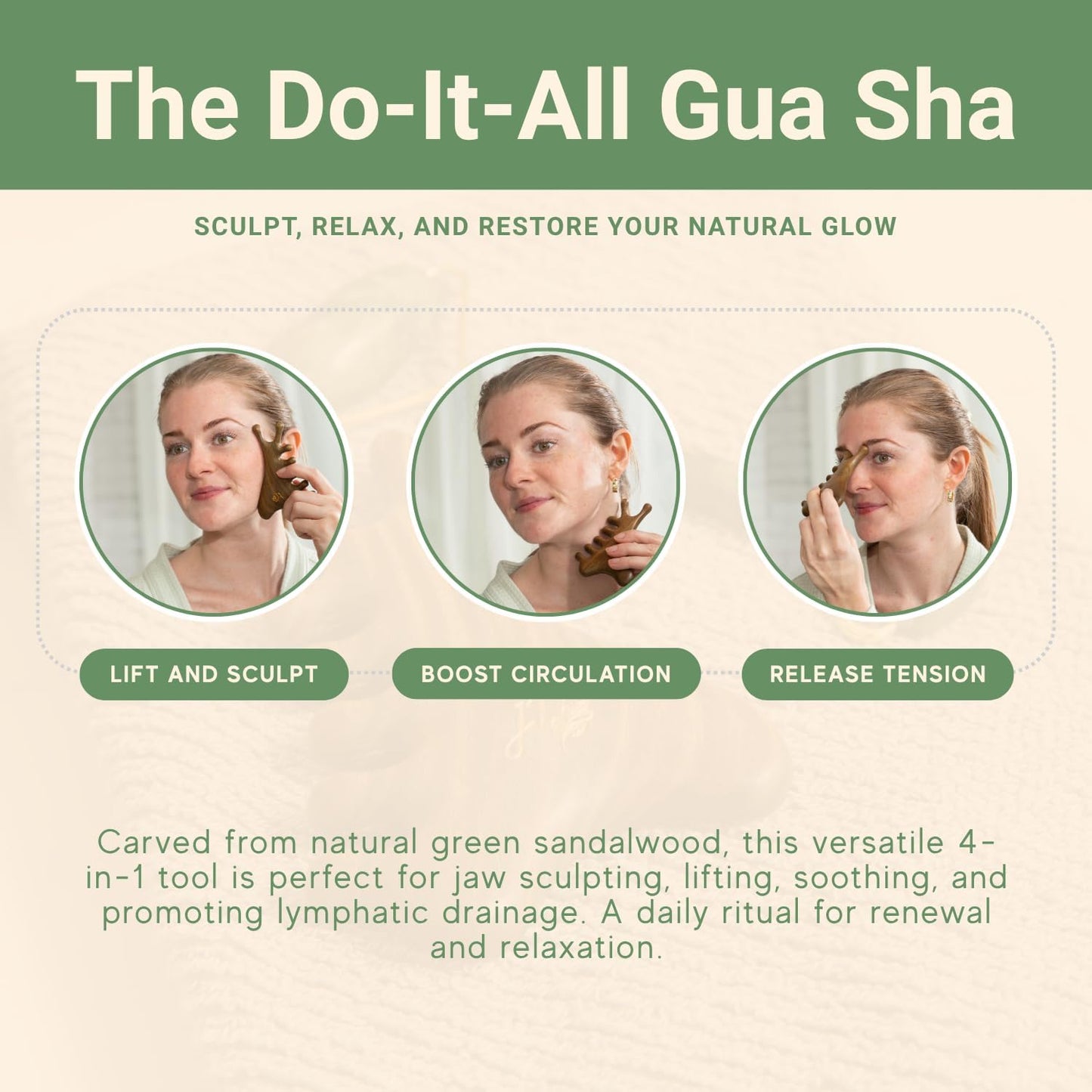 jade & timber Jade Roller & Green Sandalwood Gua Sha Set – Facial & Body Massage Tools for Lymphatic Drainage & Sculpting - Self Care Gift