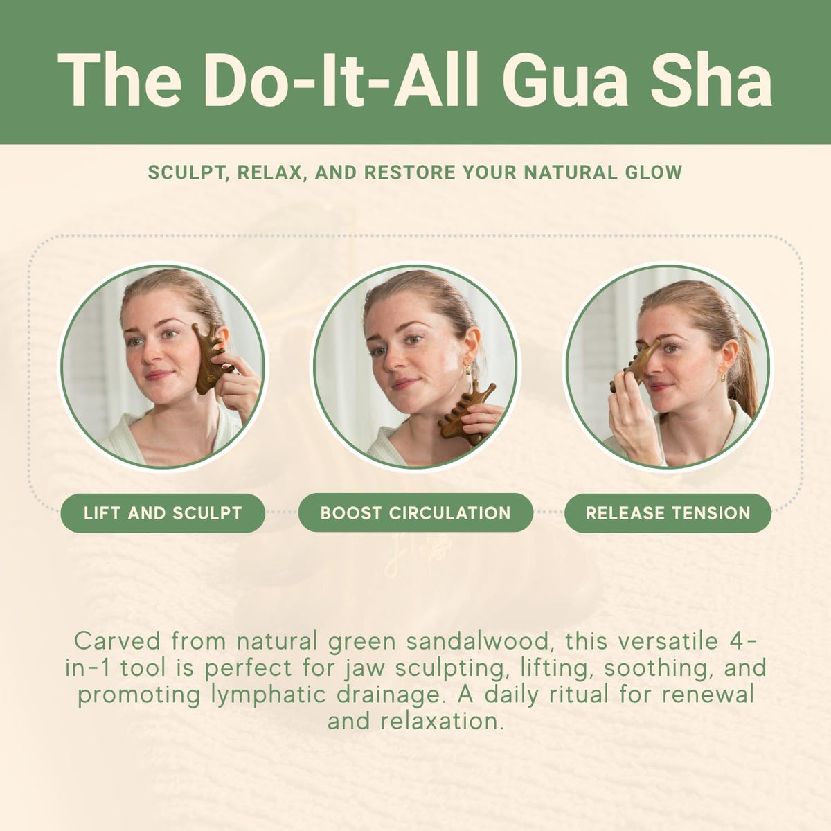 jade & timber Jade Roller & Green Sandalwood Gua Sha Set – Facial & Body Massage Tools for Lymphatic Drainage & Sculpting - Self Care Gift