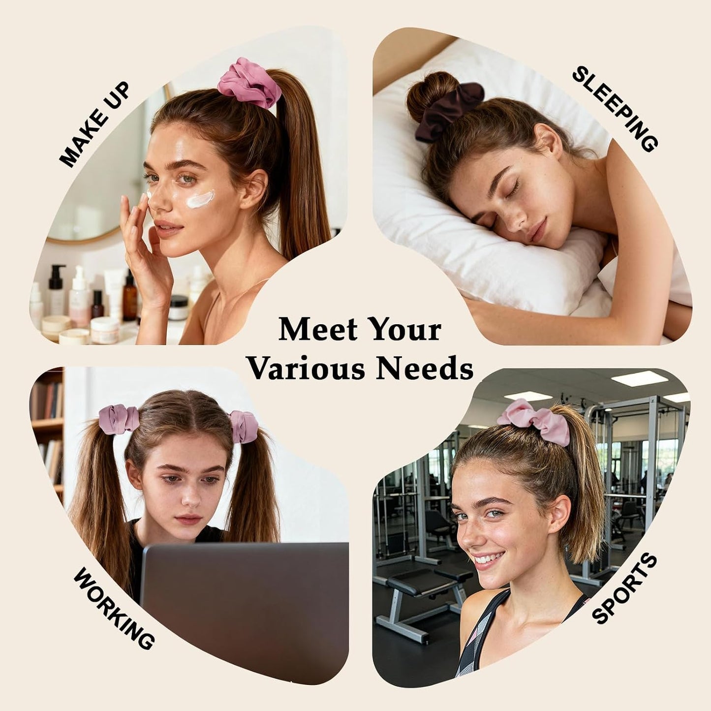 Satin Scrunchies for Women – 8PCS Blush & Brown Silk Hair Ties Set – No Crease, Frizz-Free, Gentle Elastic Hair Bands, Soft & Stylish Everyday Hair Accessories Gifts