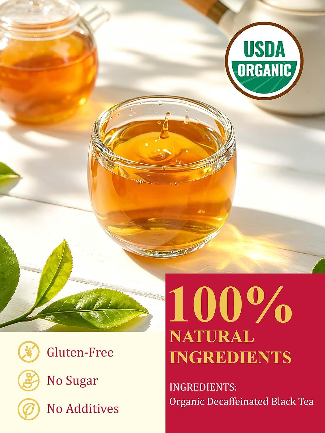 GLDNT Organic Decaffeinated Black Tea Bags, Organic Decaf Black Tea, 100ct