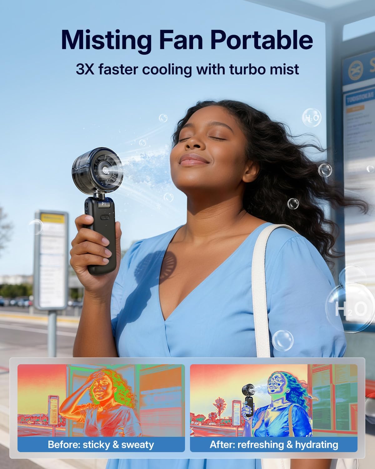 Misting Fan Portable - Handheld Turbo Fan with Cool Mist Spray, 4000mAh Rechargeable, 5 Speeds, Personal Foldable Water Mister for Summer Travel, Beach & Outdoor Essentials - Black