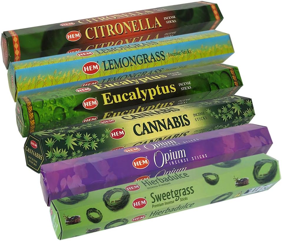 Hem Incense Sticks Variety Pack #23-120 Insence-Sticks (6 Incents x 20 Insense) + Incense Stick Holder with 6 Most Liked Scents Including Patchouli Dragons Blood White Sage Frankincense-Myrrh