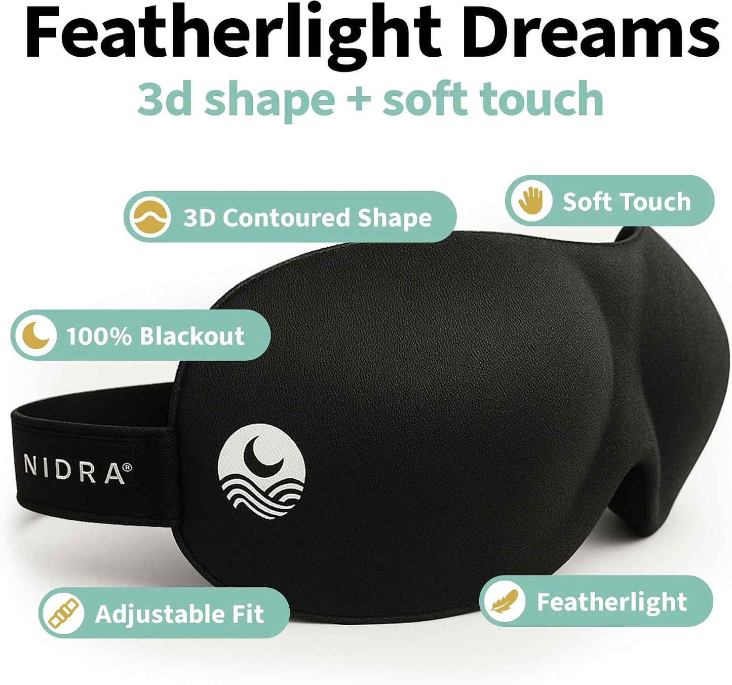Nidra Contoured Sleep Mask for Side Sleepers – Zero Pressure Fit, Light Blocking Eye Shade for Sleeping & Travel – Black, Standard Size