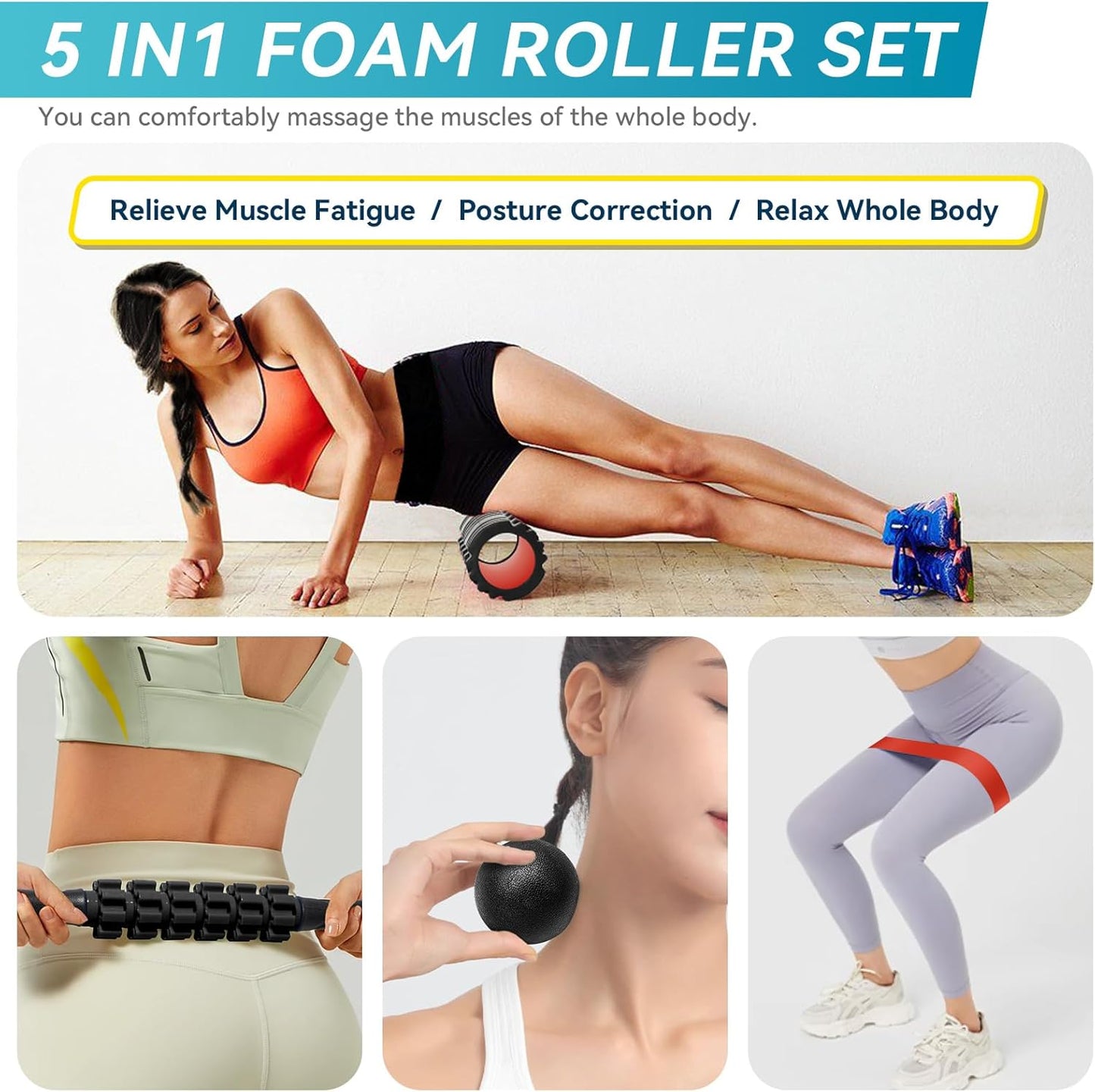Krightlink 5 in 1 Foam Roller Set for Deep Tissue Muscle Massage, Trigger Point Fitness Exercise Foam Roller, Massage Roller, Massage Ball, Stretching Strap, for Whole Body (Orange Black)