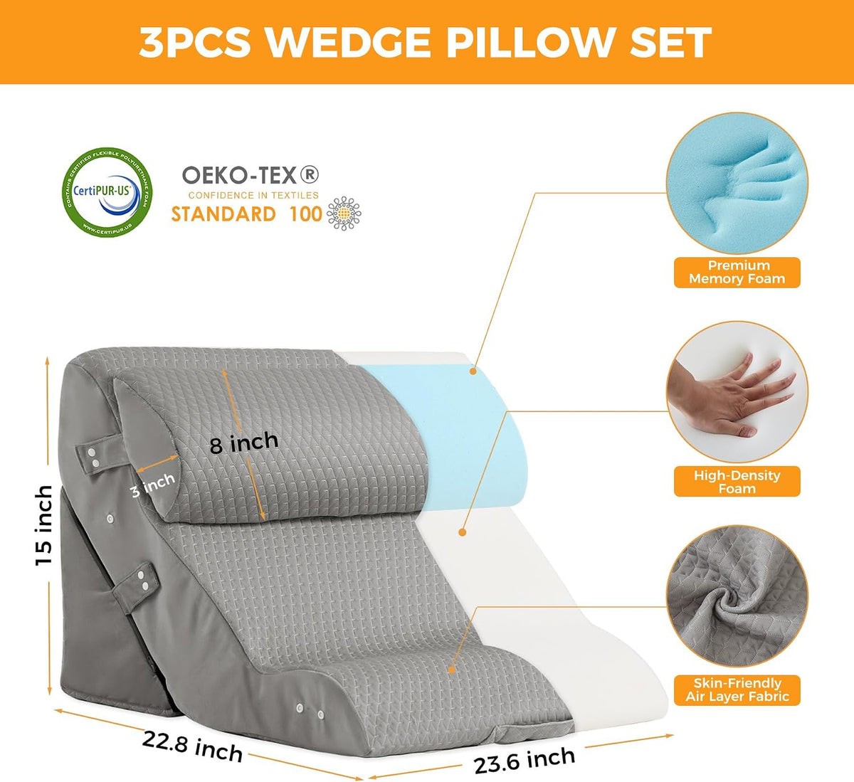 Ruqmuis Wedge Pillow Set for After Surgery, Bed Wedge Pillow, White