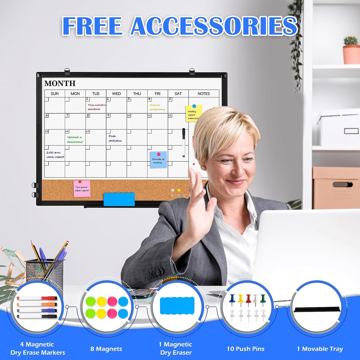 Weekly Dry Erase Calendar Whiteboard for Wall, 24" x 18" Cork Week Planner