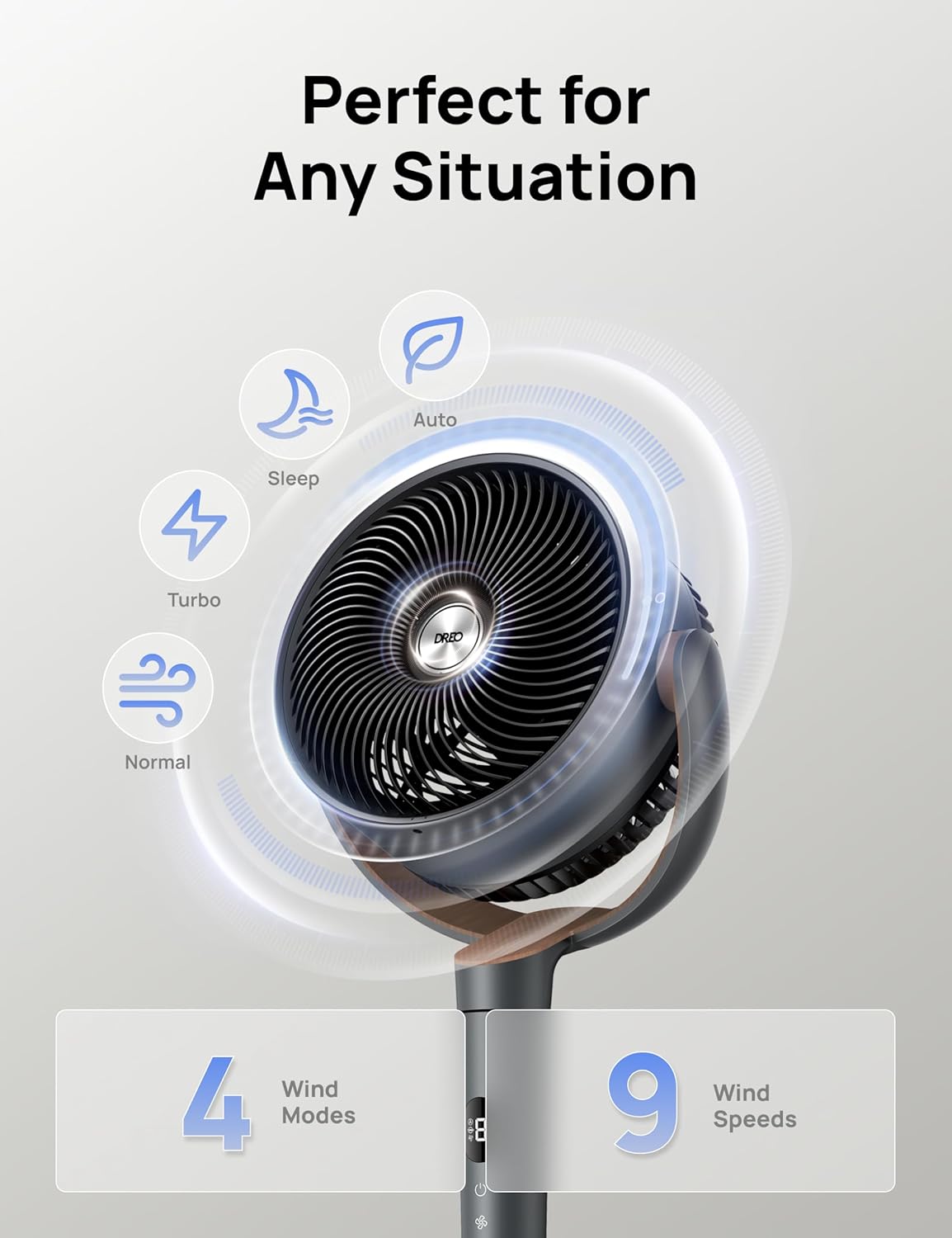 DREO Fan for Bedroom, 120° Oscillating Standing Fan, Quiet Floor Fan with DC Motor, Pedestal Fan for Room, 9 Speeds, 4 modes, 20dB, 120° Manual Vertical, 37-42" Adjustable Height, 9H Timer, Dark Gray