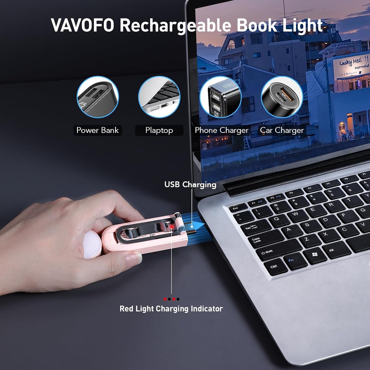 VAVOFO USB Rechargeable Book Light, Blue Light Blocking, Amber Clip-On Bookmark Shaped Reading Light, Eye Care 6 LEDs With 9 Lighting Modes for Bookworms (Grey)