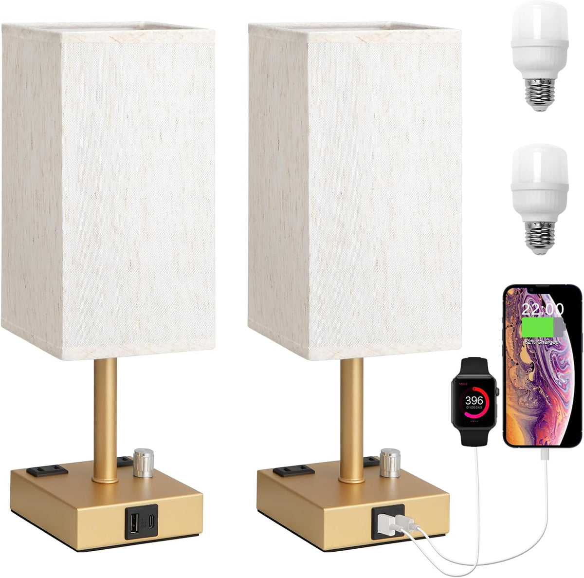 Bedside Table Lamps Set of 2 for Bedroom - Dimmable, USB C+A, 2 AC Outlets
