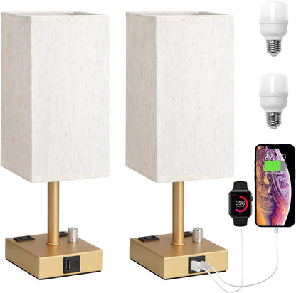 Bedside Table Lamps Set of 2 for Bedroom - Dimmable, USB C+A, 2 AC Outlets