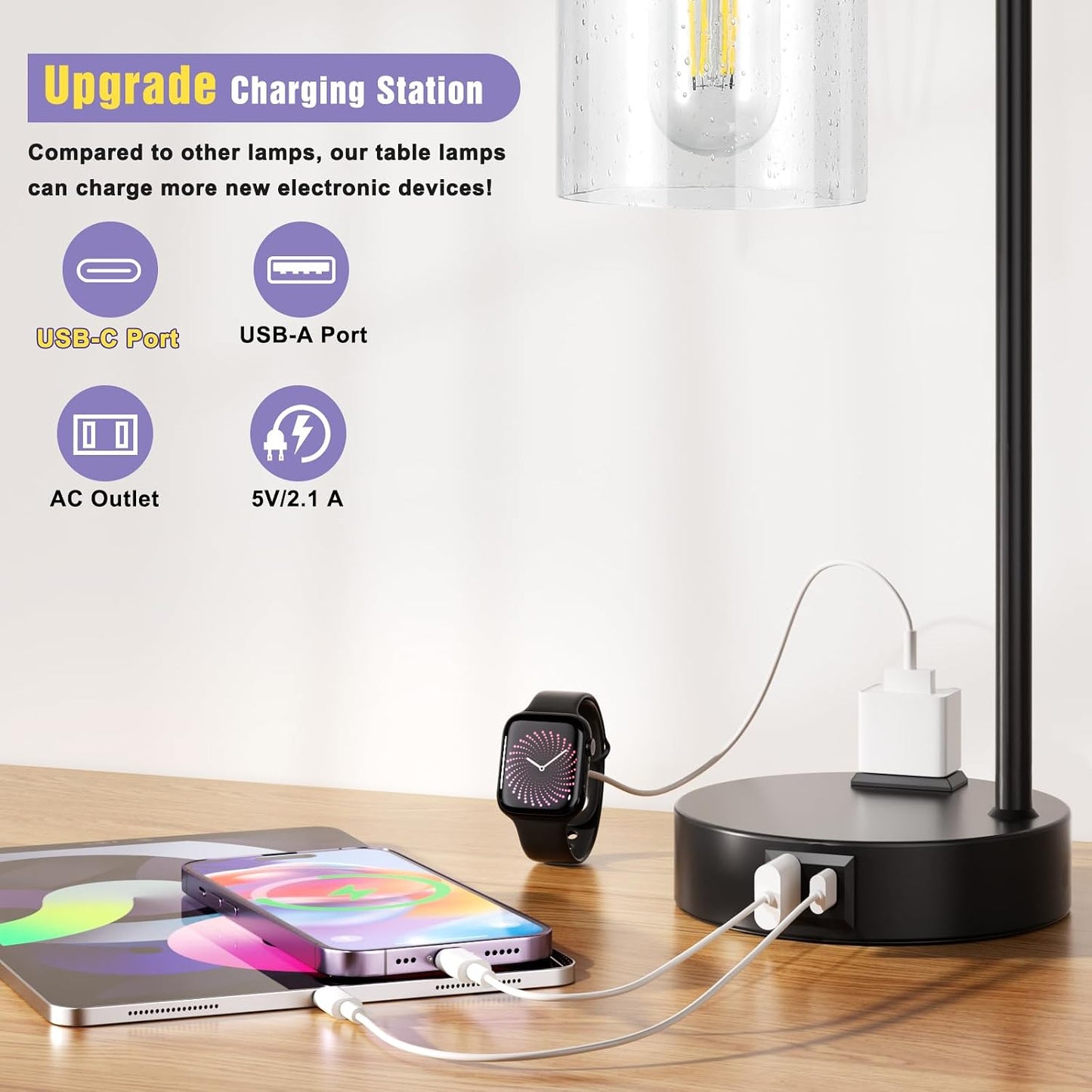 Industrial Touch Table Lamps for Bedrooms Set of 2 - 3-Way Dimmable Nightstand Lamps with USB C+A Ports and Outlet, Black Bedside Lamps with Glass Shade for Living Room, Desk Lamps for Home Office