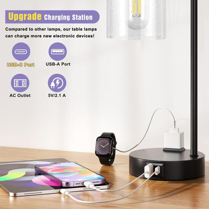 Industrial Touch Table Lamps for Bedrooms Set of 2 - 3-Way Dimmable Nightstand Lamps with USB C+A Ports and Outlet, Black Bedside Lamps with Glass Shade for Living Room, Desk Lamps for Home Office