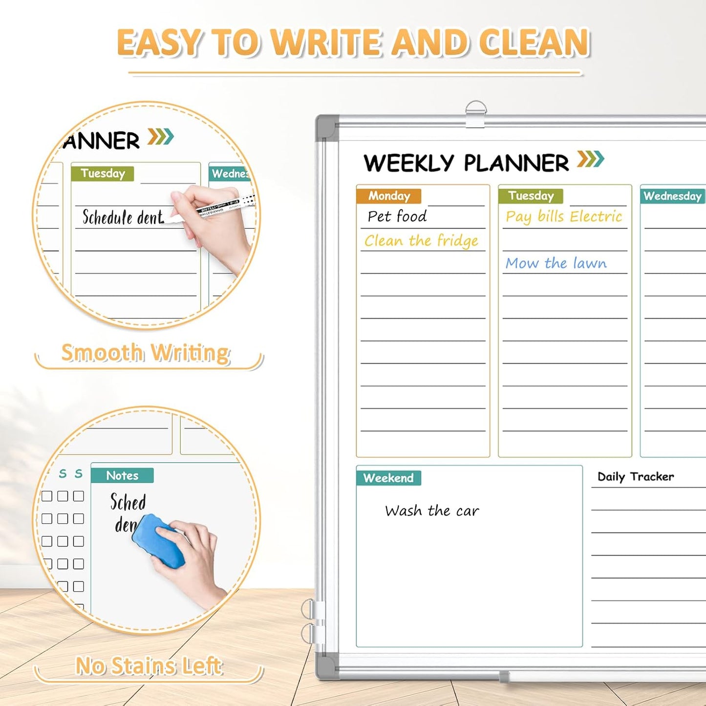 Dry Erase Calendar Whiteboard for Wall, 24"x18" Magnetic Monthly White Board Cork Board Combo, Double Sided, Aluminum Frame, Wall Hanging Wipe Board for Home, Office, School, Dorm