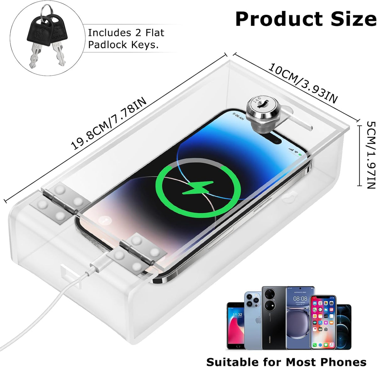 Cell Phone Lock Box,Mobile Phone Storage Jail Box with 2 Keys Transparent Phone Locker Phone Acrylic Key Staff