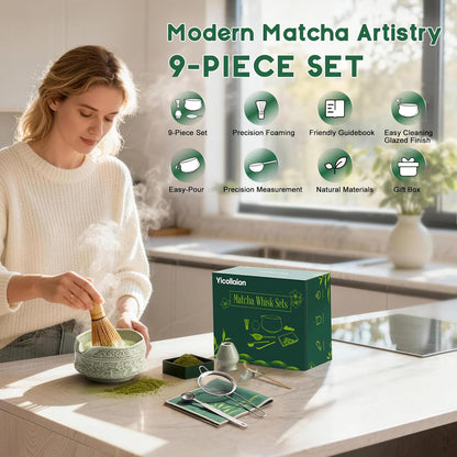 Matcha Whisk Set, Matcha Kit 9-Pcs, Bamboo Whisk and Ceramic Bowl with Spout & Measuring Spoon & Cup, Japanese Ceremony Matcha Tea Making Tools, Ideal Gift for Tea lover