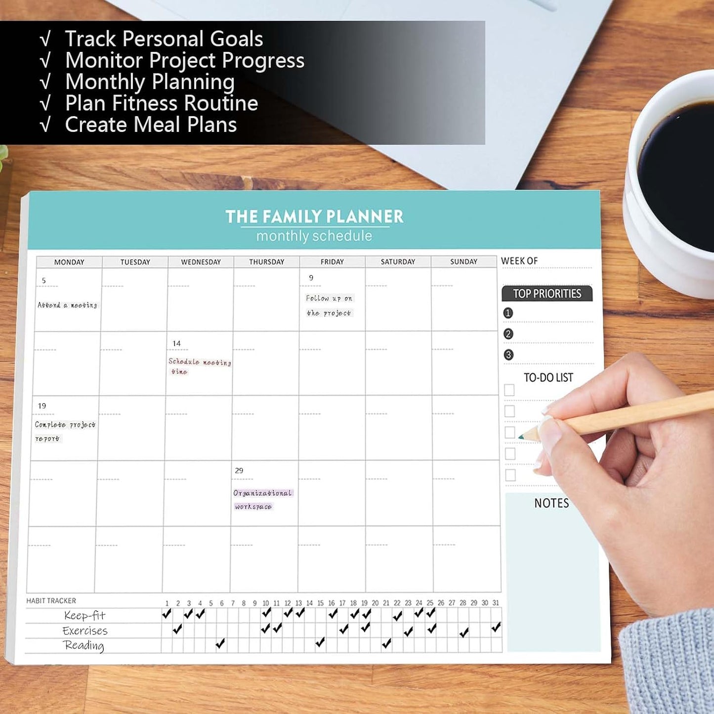 Monthly Planner Notepad - 52 Pages of Blank Calendar Sheets, Undated Planner for Organizing Tasks & Scheduling, Blank Calendar Design for Custom Monthly Planning, 7" x 10", Green