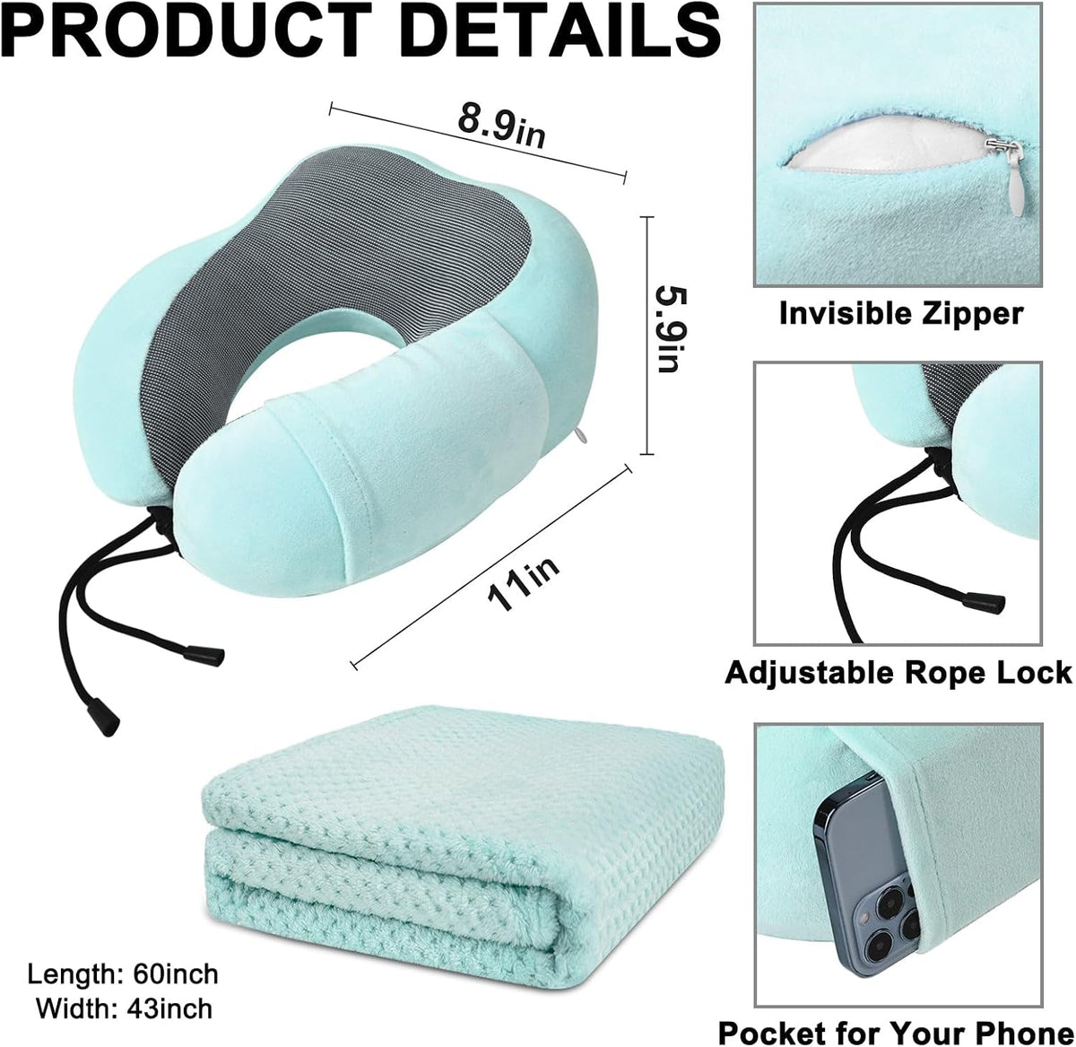 urnexttour Travel Pillow and Blanket Set Neck Pillow Airplane Foam Black