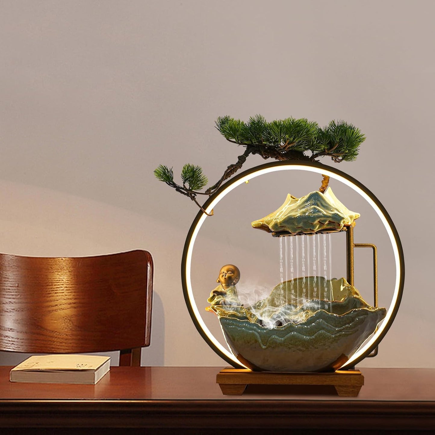 Mini Artificial Bonsai Tree Waterfall Fog Feature Rock Tabletop Fountain | 11in Desktop Decor Waterfall Fountain W/ Water Pump& Atomizer&LED Lights &Fake Tree Office Bedroom Relax