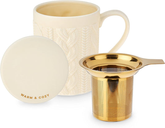 Pinky Up Annette Ceramic Tea Cup with Infuser and Lid, Travel Mug for Loose Leaf Teas, Home Office, Camping, Picnic Party, 12 oz, Set of 1, Honeycomb