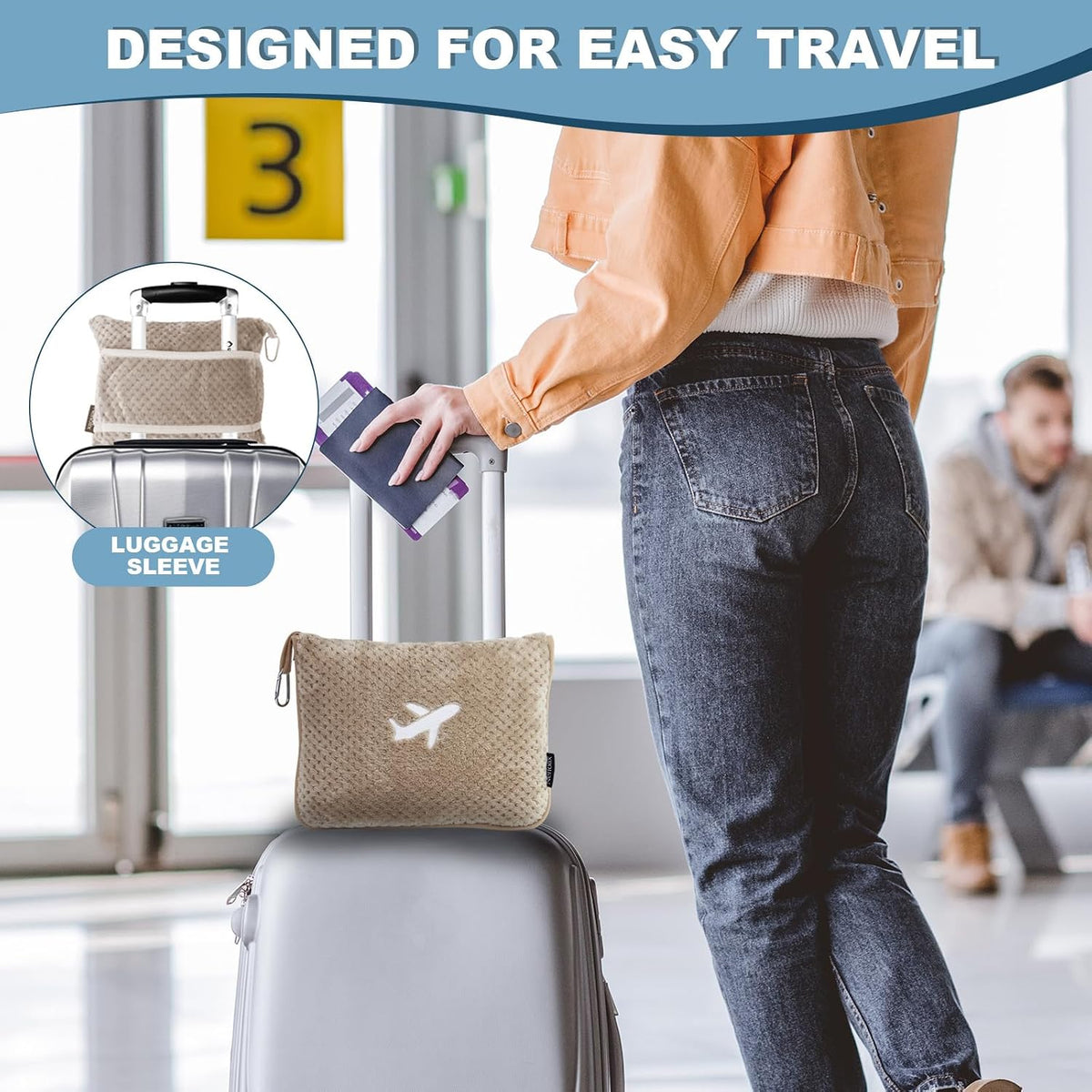 Travel Blanket Airplane Compact with Bag, Travel Essentials 3 in 1 Packable Airplane Blanket, Travel Pillow and Blanket Set, Inflatable Pillow, Luggage Sleeve & Backpack Clip (Light Grey)