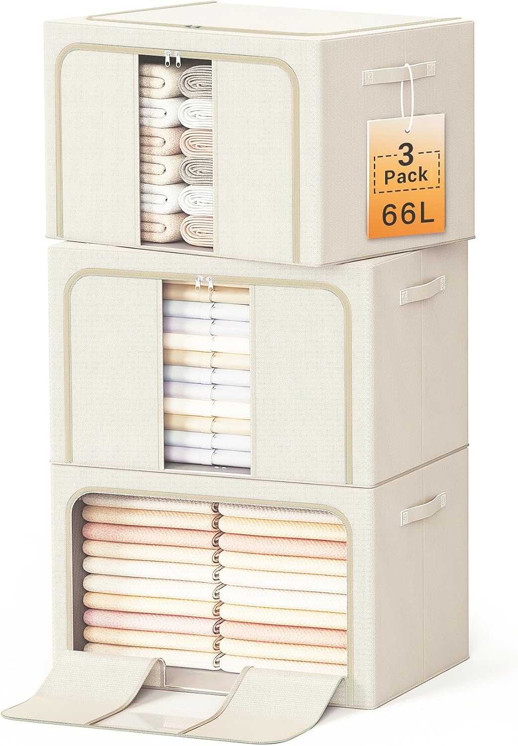 Clothes Storage Bins with Metal Frame Foldable Storage Box Clothes Organizers Storage Containers for Clothes Sheets Blankets Books Toys Gifts and Holiday Decorations (66Lx3 Pack)