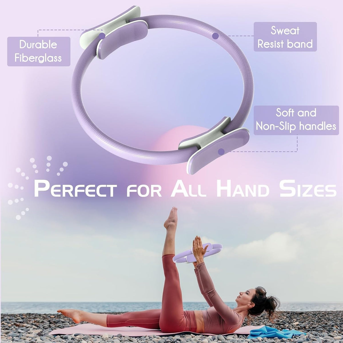 Pilates Ring Set: 35cm Magic Circle with Dual Padded Handles, Pilates Mini Ball, and Resistance Bands (15, 25, 35 lbs) for Strength, Flexibility, Stability, and Body Toning