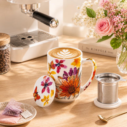 GBhome Tea Mug with Infuser and Lid, 18 Ounce Large Ceramic Loose Leaf Cup, Microwave, Dishwasher Safe, Perfect for Tea Lovers