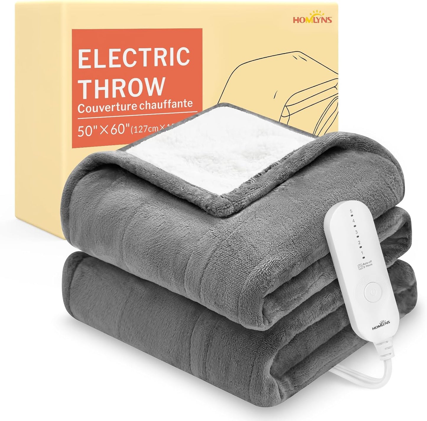 HOMLYNS LuxeHeat Heated Blanket Electric Blanket, Soft Flannel Sherpa Heated Throw, Heating Blanket with 5 Heat Settings, 3 hrs Timer Auto Shut Off (50x60 inches, Purple), Only for 120V Voltage Use