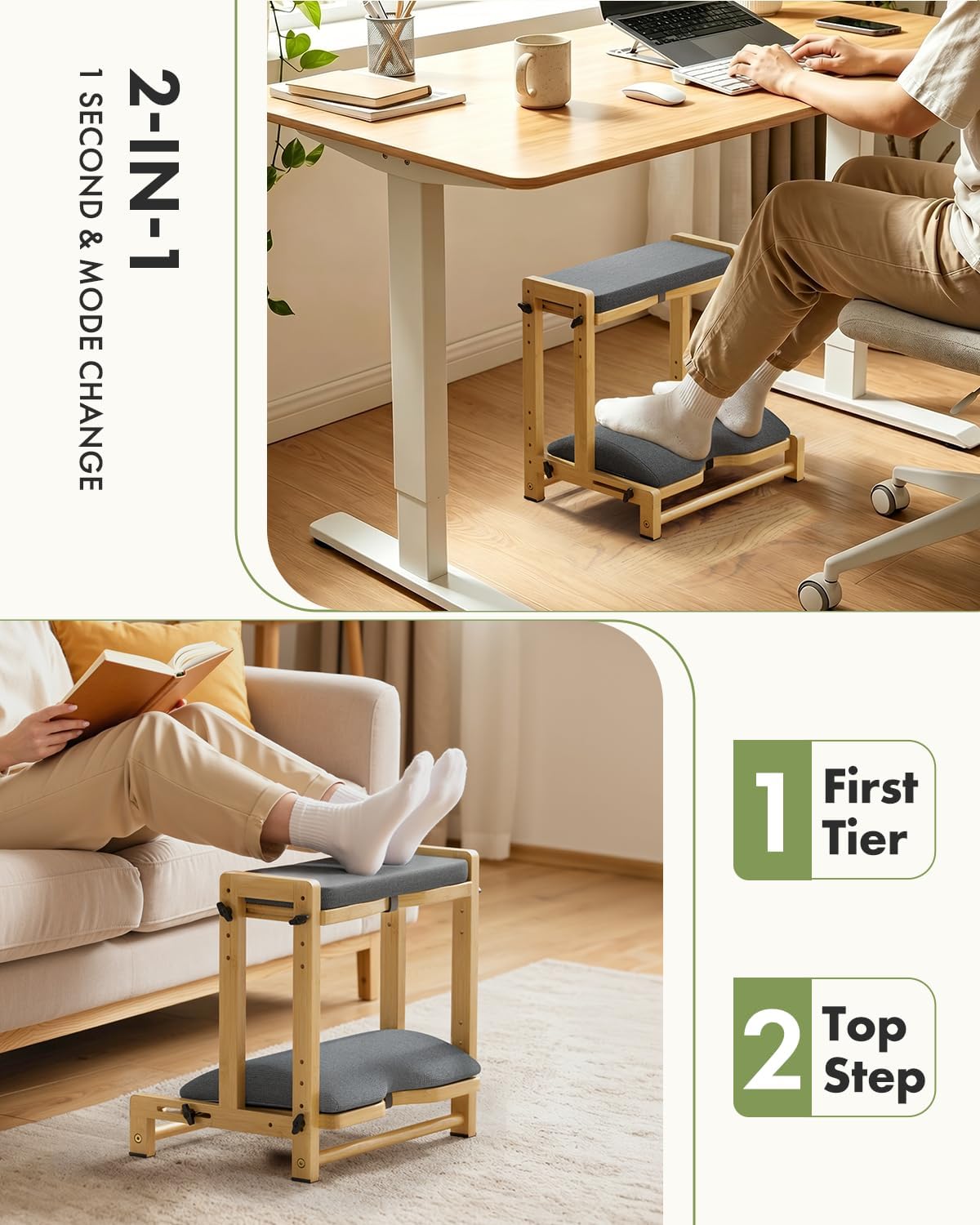 Amazer Bamboo Under Desk Footrest with Cushion 3-in-1, Reversible Ergonomic Wood Rocking Foot Rest for Under Desk at Work, Adjustable Foot Stools with Washable Cover, Desk Leg Rest for Home Office