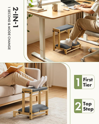Amazer Bamboo Under Desk Footrest with Cushion 3-in-1, Reversible Ergonomic Wood Rocking Foot Rest for Under Desk at Work, Adjustable Foot Stools with Washable Cover, Desk Leg Rest for Home Office