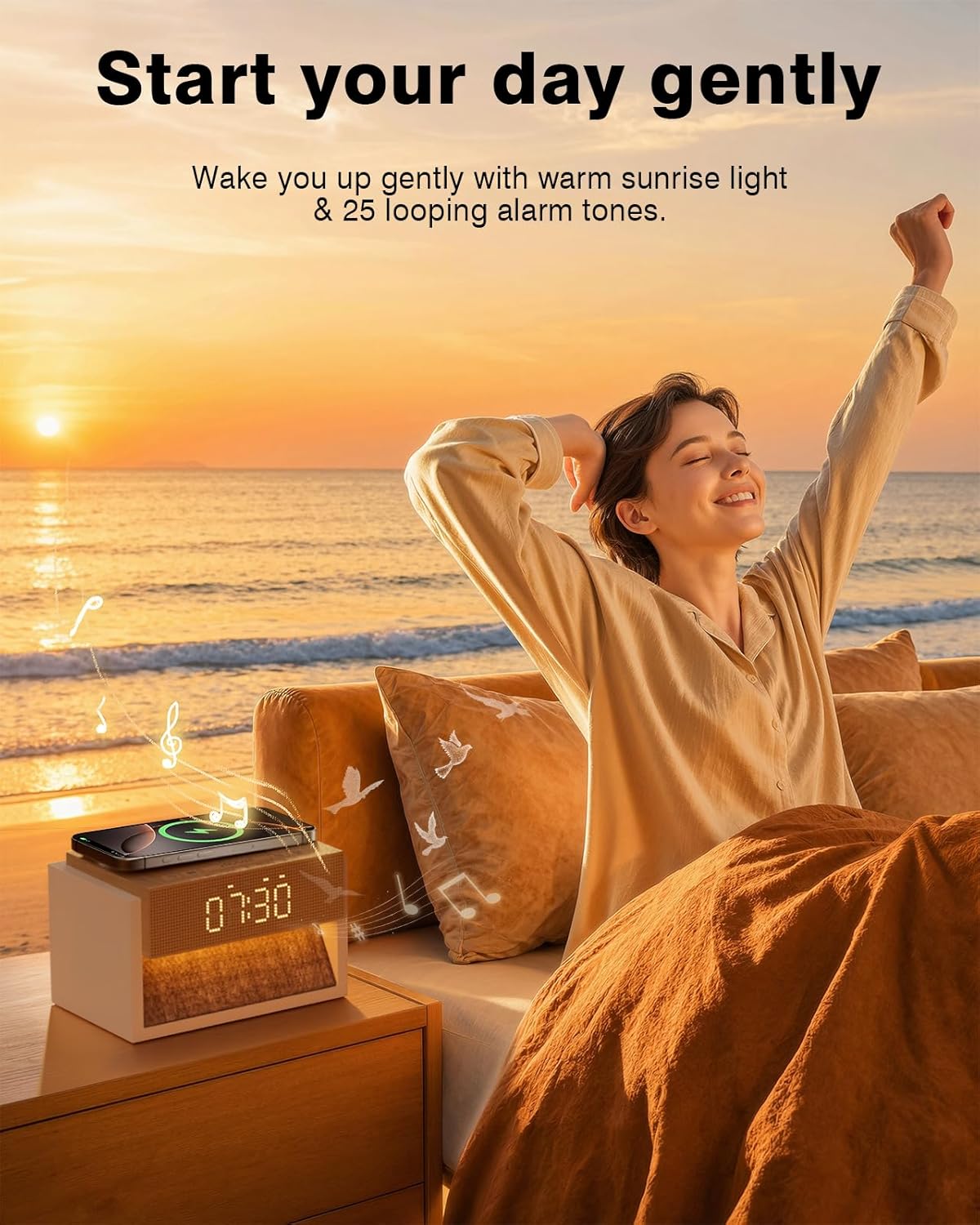 Sunrise Alarm Clock with Wireless Charger, White Noise Sound Machine with 20 Soothing Sounds, Wake Up Light Sunlight Simulator, Bedroom Desk Clock for Heavy Sleepers Kids Adults