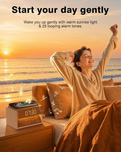 Sunrise Alarm Clock with Wireless Charger, White Noise Sound Machine with 20 Soothing Sounds, Wake Up Light Sunlight Simulator, Bedroom Desk Clock for Heavy Sleepers Kids Adults