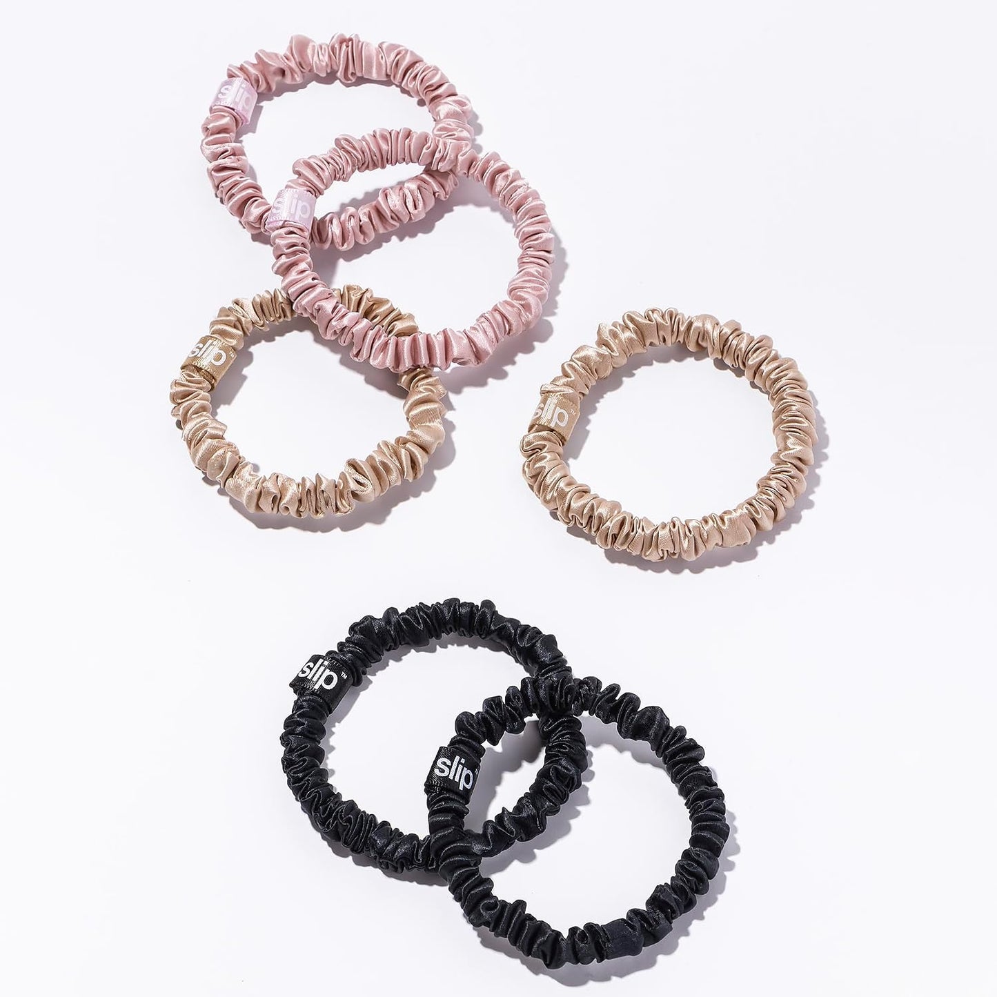 Slip Silk Hair Ties — Skinny Silk Black Scrunchies, No Damage, No Crease, Anti-Breakage |100% Mulberry Silk | All Hair Types | Made with Proprietary Slipsilk™ | Set of 4