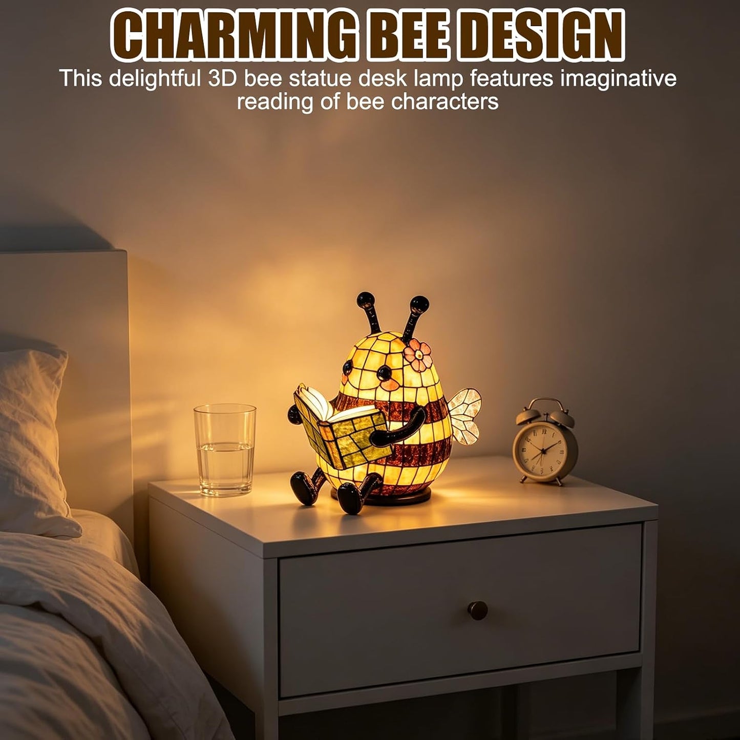 Cute Bee Night Light with Book Design, Warm Glow Animal Table Lamp for Bedroom Desk Bookshelf, Decorative 3D Bee Reading Lamp Gift for Book Lovers，1pc