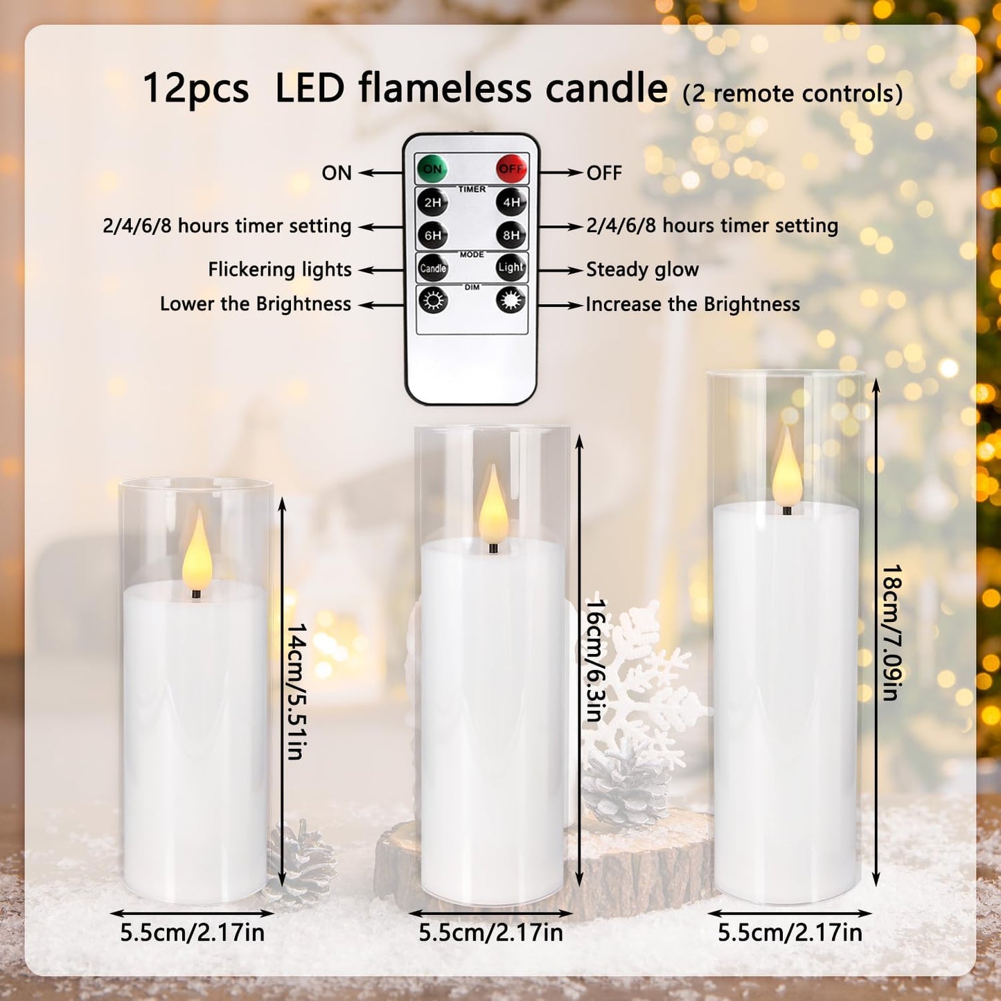 24 Pcs LED Flameless Candles with Remote, 3D Flickering Flame & LED String Lights, Acrylic Clear Cylinder, Timer Function, Romantic Ambience for Home Decor, Party, Wedding (Ivory).