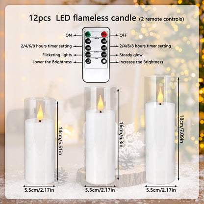 24 Pcs LED Flameless Candles with Remote, 3D Flickering Flame & LED String Lights, Acrylic Clear Cylinder, Timer Function, Romantic Ambience for Home Decor, Party, Wedding (Ivory).