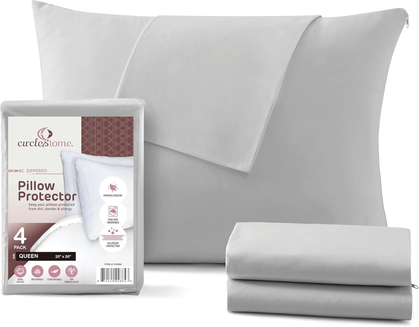 CirclesHome Pillow Protectors 4 Pack Standard Zippered - 100% Cotton Breathable Pillowcases - Protects Pillows from Dirt, Dust and Debri (Standard - Set of 4 - 20x26)