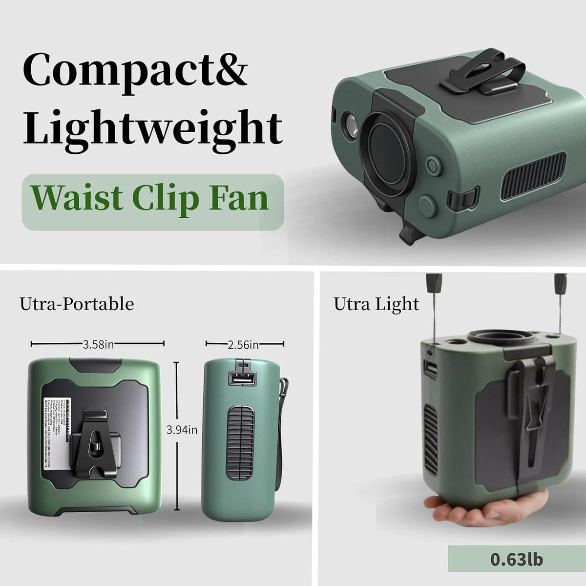 BTQILEYO Portable Waist Fan Clip On, 10000mAh Rechargeable Wearable Shirt Fan with Light, 16000RPM Powerful 5 Speed Belt Fans Personal Cooling Fans for Outdoor Jobsite Camping Travel MAX 40H
