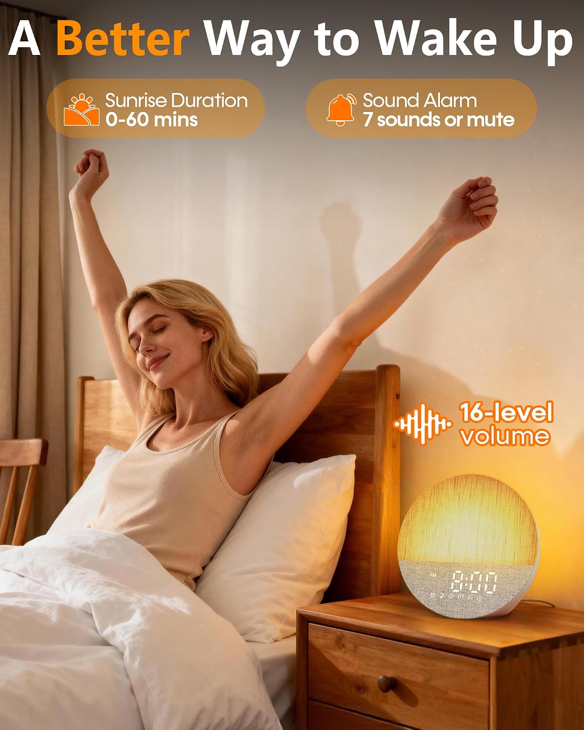 Sunrise Alarm Clock with Sounds Machine:Gentle Gradual Wake Up Light for Heavy Sleepers Relieve Anxiety Dimmable Clock with Bluetooth Memory for Bedroom - White Noise Machine with 30 Sleep Sounds