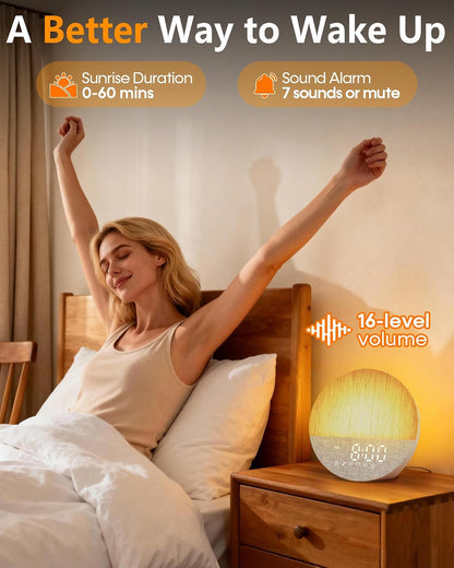 Sunrise Alarm Clock with Sounds Machine:Gentle Gradual Wake Up Light for Heavy Sleepers Relieve Anxiety Dimmable Clock with Bluetooth Memory for Bedroom - White Noise Machine with 30 Sleep Sounds