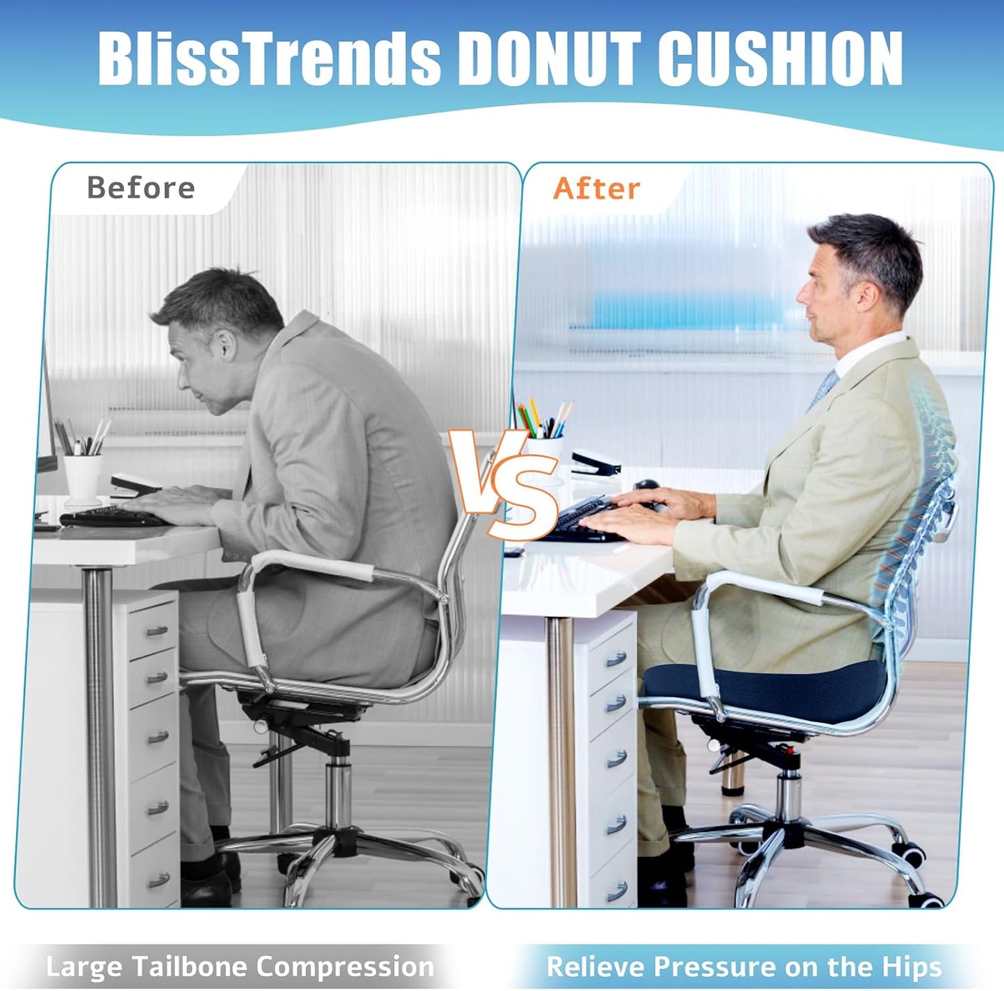 BlissTrends Donut Pillow Seat Cushion,Donut Chair Cushions for Postpartum Pregnancy & Hemorrhoids,Tailbone Pain Relief Cushion,Memory Foam Lifting Cushions for Office&Home Chairs (Black)